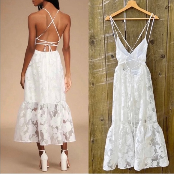 White Jacquard Organza Backless Lace-Up Midi Dress 🌿 - Picture 2 of 7